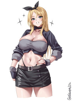 Rule 34 | 1girl, artist name, belt, black choker, black gloves, black panties, black skirt, blonde hair, blue eyes, blush, breasts, choker, collarbone, cropped legs, ebifurya, gloves, grin, hair between eyes, hair ribbon, hand on own hip, highleg, highleg panties, highres, kantai collection, large breasts, long hair, looking at viewer, miniskirt, navel, nelson (kancolle), nelson (race queen) (kancolle), one-hour drawing challenge, panties, parted bangs, race queen, ribbon, sidelocks, simple background, skindentation, skirt, smile, solo, sparkle, thighs, twitter username, underwear, white background
