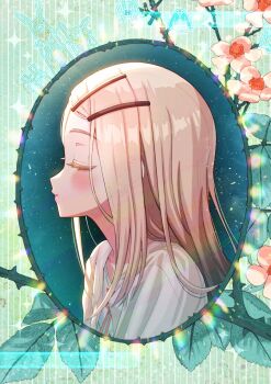 1girl blonde_hair blush border camisole closed_eyes commentary_request earrings flower from_side gakuen_idolmaster hair_ornament hairclip highres idolmaster jewelry long_hair open_clothes open_robe ornate_border parallel_hairclips parted_lips pink_flower profile robe round_border shinosawa_hiro shizuru_(daikoukaizidai) solo stud_earrings upper_body white_camisole white_robe