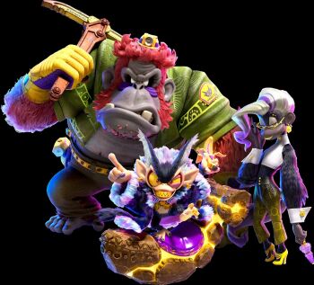 1girl 2boys banana blonde_hair coat donkey_kong_(series) donkey_kong_bananza earrings food fruit glasses gloves grumpy_kong height_difference high_heels jewelry miner_hat monkey monkey_girl multicolored_hair multiple_boys nintendo official_art pants pickaxe piercing poppy_kong streaked_hair vest void_kong