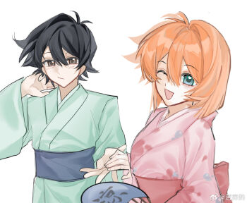 1boy 1girl :/ ;d alternate_costume antenna_hair aqua_eyes artist_request ash_ketchum black_eyes black_hair blue_eyes blue_kimono blue_sash blunt_ends blush bob_cut brown_eyes closed_mouth eyelashes floral_print frown green_kimono hair_between_eyes hand_fan hand_up hetero holding holding_fan japanese_clothes kimono light_blush long_sleeves looking_at_viewer misty_(pokemon) nintendo obi one_eye_closed open_mouth orange_hair outstretched_arm outstretched_hand paper_fan pink_kimono pink_sash pokemon pokemon_(anime) pokemon_(classic_anime) pokemon_ep020 print_kimono red_sash robe sash short_hair smile source_request upper_body wide_sleeves yukata