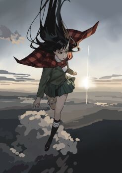 1girl black_hair blue_eyes burn_the_witch capelet closed_mouth cloud cloudy_sky commentary day floating_hair flying full_body green_jacket green_skirt h4sh1rnoto hair_ornament hairclip highres jacket kneehighs loafers long_hair looking_to_the_side niihashi_noel outdoors plaid_capelet plaid_clothes pleated_skirt shoes sketch_background skirt sky socks swept_bangs thigh_strap