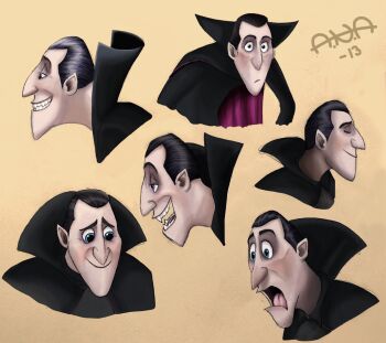 Rule 34 | 1boy, affectionate, artist name, black cape, black hair, black shirt, blue eyes, cape, closed eyes, closed mouth, confused, dracula (hotel transylvania), fangs, from side, grin, happy, high collar, highres, hotel transylvania, looking at viewer, looking to the side, multiple expressions, open mouth, pointy ears, ratherpeculiar, shirt, short hair, simple background, smile, surprised, teeth, vampire