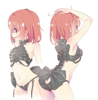 1girl arched_back arm_up ass back bare_arms bare_shoulders black_bow black_panties blush bow breasts butt_crack chara_(undertale) collarbone cowboy_shot eyebrows garter_straps hand_on_own_head looking_at_viewer multiple_views panties red_eyes red_hair ribs shaded_face short_hair simple_background skeleton_costume small_breasts smirk spine spoilers undertale underwear underwear_only utdr_(toby_fox) white_background yugaiga