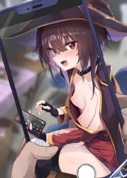 1girl 1other absurdres asymmetrical_legwear bandaged_leg bandages black_gloves black_thighhighs blush breasts brown_hair chipa_(arutana) dress fingerless_gloves gloves highres holding holding_phone kono_subarashii_sekai_ni_shukufuku_wo! megumin mismatched_legwear nipples open_mouth phone pov pov_hands red_dress red_eyes short_hair single_thighhigh small_breasts thighhighs thighs