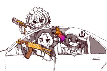Rule 34 | 3girls, aks-74u, anchor hat ornament, assault rifle, buddhist nun, car, greyscale, gun, hair between eyes, hair intakes, handgun, hat, hat ornament, highres, holding, holding gun, holding weapon, hood, hood up, kalashnikov rifle, kumoi ichirin, long sleeves, looking at viewer, m1911, mac-10/11, medium hair, monochrome, motor vehicle, multicolored hair, multiple girls, murasa minamitsu, open mouth, rampa93, rifle, sailor collar, sailor hat, sailor shirt, shirt, smile, spot color, streaked hair, submachine gun, toramaru shou, touhou, weapon
