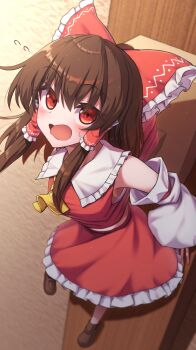 1girl absurdres armpits ascot blurry blurry_background blush bow breasts brown_hair brown_shoes collar collared_shirt commentary_request frilled_bow frilled_hair_tubes frilled_shirt_collar frilled_skirt frills from_above hair_bow hair_tubes hakurei_reimu highres open_mouth red_bow red_eyes red_shirt red_skirt shirt shoes skirt solo surprised touhou yellow_ascot yosshy