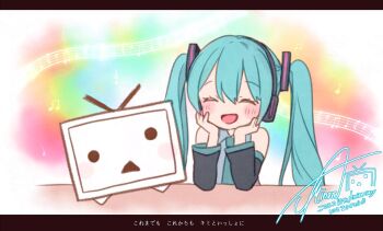 Rule 34 | 1girl, asagao minoru, blue hair, blush, closed eyes, commentary request, detached sleeves, elbow rest, hair ornament, hands on own cheeks, hands on own face, hatsune miku, headphones, letterboxed, long hair, long sleeves, musical staff, necktie, niconico, open mouth, shirt, signature, sleeveless, sleeveless shirt, smile, terebi-chan, translation request, twintails, vocaloid