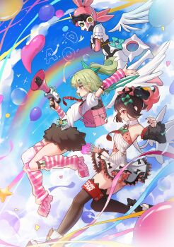 Rule 34 | 3girls, absurdres, angels of delusion, aria (zenless zone zero), arm up, arm warmers, backpack, bag, black hair, black skirt, black thighhighs, bow, clothing cutout, commentary request, detached sleeves, dress, green bow, green hair, hair bow, hair ornament, hairclip, hand up, highres, holding, holding megaphone, joints, leg warmers, long hair, long sleeves, megaphone, multicolored hair, multiple girls, nangong yu, navel, navel cutout, necktie, open mouth, parted lips, pink hair, pink shoes, red necktie, robot ears, robot girl, robot joints, shirt, shoes, short sleeves, single thighhigh, skirt, striped arm warmers, striped leg warmers, sunna (zenless zone zero), thighhighs, white dress, white shirt, white thighhighs, yuna (deadawon), zenless zone zero