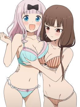 Rule 34 | 2girls, absurdres, anime coloring, black bow, blue bra, blue eyes, blue panties, blush, bow, bra, breasts, brown bra, brown eyes, brown hair, brown panties, cleavage, collarbone, commentary, coro fae, english commentary, fujiwara chika, grabbing another's breast, groping, hair bow, hand on another's hip, highres, iino miko, kaguya-sama wa kokurasetai ~tensai-tachi no renai zunousen~, lace, lace-trimmed bra, lace trim, large breasts, long hair, looking at breasts, looking at viewer, low twintails, multiple girls, navel, open mouth, panties, pink hair, simple background, smile, stomach, striped bra, striped clothes, striped panties, thighs, twintails, underwear, white background