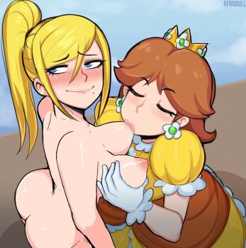2girls afrobull ass blonde_hair blush breast_sucking breasts brown_hair clothed_female_nude_female crown dress earrings eyelashes closed_eyes femdom frilled_dress frilled_sleeves frills gloves highres jewelry large_breasts looking_away looking_over_shoulder mario_(series) metroid mini_crown mole mole_under_mouth multiple_girls nintendo nipples nude ponytail princess_daisy puffy_short_sleeves puffy_sleeves samus_aran short_sleeves smile super_mario_land super_smash_bros. tomboy white_gloves yellow_dress yuri