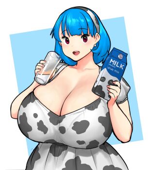 1girl animal_print blue_hair blush breasts cow_print cup dress drink_carton earrings erkaz hairband highres holding holding_cup holding_milk_carton huge_breasts jewelry looking_at_viewer medium_hair milk_carton original print_dress print_hairband red_eyes rina_atherina short_sleeves solo upper_body veins veiny_breasts