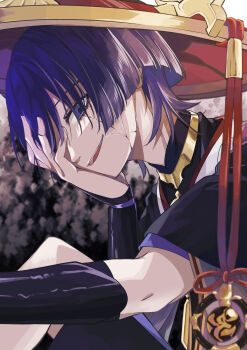 Rule 34 | 1boy, armor, black kimono, black shorts, black sleeves, blunt ends, commentary request, cracked skin, empty eyes, fingernails, genshin impact, gold, gold trim, hair over one eye, hand over eye, hat, highres, iwoarazumi129, japanese armor, japanese clothes, jewelry, jingasa, juban, kimono, knee up, kote, kurokote, layered sleeves, looking at viewer, male focus, mandarin collar, monochrome background, neck ring, open mouth, purple eyes, purple hair, purple sleeves, red hat, red kimono, scaramouche (genshin impact), short sleeves, shorts, solo, teeth, tongue, upper teeth only, white kimono, white trim, wispy bangs