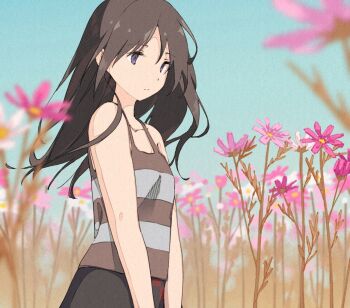 1girl bare_shoulders black_camisole black_eyes black_hair black_skirt blurry blurry_background camisole closed_mouth collarbone commentary_request cosmos_(flower) cowboy_shot day depth_of_field expressionless field film_grain flower flower_field fuyuki_eru nature outdoors pink_flower purple_pupils shimako_(yume_2kki) skirt solo split_mouth striped_camisole symbol-shaped_pupils triangle-shaped_pupils white_camisole wind yume_2kki