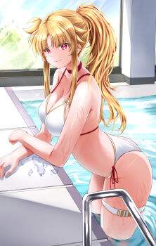 1girl ass bikini blonde_hair blush breasts choker cleavage commentary_request fate_testarossa highres indoors large_breasts long_hair looking_at_viewer lyrical_nanoha mahou_shoujo_lyrical_nanoha ponytail poolside red_choker red_eyes side-tie_bikini_bottom smile solo sougetsu_izuki swimsuit thigh_strap
