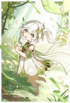 1girl bare_shoulders cape commentary_request crystalfly_(genshin_impact) day detached_sleeves dress from_side genshin_impact gold_trim gradient_hair green_cape green_eyes green_hair green_sleeves hair_between_eyes hair_ornament hana_(nemukunai87) highres leaf_hair_ornament long_hair looking_at_viewer looking_to_the_side lower_teeth_only multicolored_hair nahida_(genshin_impact) open_mouth outdoors pointy_ears side_ponytail sleeveless sleeveless_dress solo star-shaped_pupils star_(symbol) stirrup_legwear symbol-shaped_pupils teeth toeless_legwear white_dress white_hair