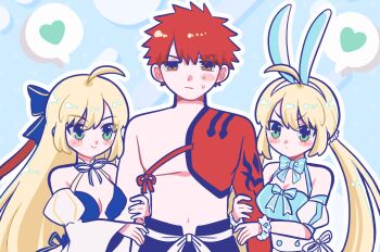1boy 2girls animal_ears artoria_caster_(fate) artoria_caster_(swimsuit_berserker)_(first_ascension)_(fate) artoria_caster_(swimsuit_berserker)_(second_ascension)_(fate) artoria_pendragon_(fate) blonde_hair dress emiya_shirou fate/grand_order fate_(series) gennkaidesu_m grabbing_another&#039;s_arm highres multiple_girls ponytail rabbit_ears red_hair senji_muramasa_(fate) single_bare_shoulder swimsuit