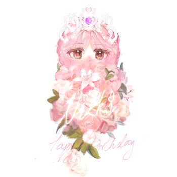 Rule 34 | 1girl, beads, bouquet, brown eyes, character name, chinese commentary, commentary request, covered mouth, cropped torso, english text, eyelashes, flower, gloves, hair beads, hair between eyes, hair ornament, happy birthday, highres, holding, holding bouquet, jian617048, lily (flower), looking at viewer, miracle nikki, nikki (nikki), nikki (series), pink flower, pink hair, pink rose, rose, simple background, solo, sparkling eyes, straight-on, tiara, when blossoms gather (miracle nikki), white background, white flower, white gloves