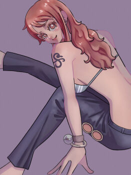 1girl 2025 artist_request back bangle bikini bikini_top_only bracelet breasts closed_mouth denim green_bikini jeans jewelry large_breasts leg_up log_pose long_hair looking_at_viewer matching_hair/eyes nami_(one_piece) nami_(one_piece)_(return_to_sabaody) official_alternate_costume one_piece orange_eyes orange_hair pants purple_background shoulder_tattoo simple_background smile striped_bikini striped_clothes swimsuit tattoo wavy_hair