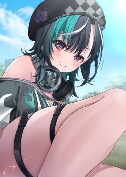 1girl absurdres aqua_hair beret black_dress black_hair black_hat blue_sky blush closed_mouth cloud dress hat headphones headphones_around_neck highres hololive hololive_dev_is multicolored_hair outdoors red_eyes rindo_chihaya shagaihi sky smile solo streaked_hair thigh_strap virtual_youtuber white_hair