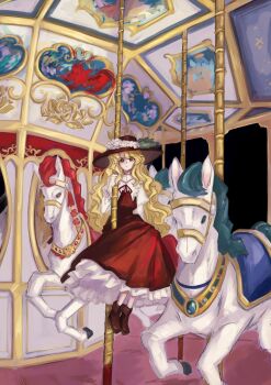 1girl absurdres blonde_hair boots brown_boots brown_hat brown_skirt brown_vest carousel closed_mouth fedora frilled_hat frilled_shirt_collar frilled_skirt frills full_body hat hat_feather highres holding holding_pole horseback_riding jacket_girl_(dipp) juliet_sleeves long_hair long_sleeves looking_at_viewer pole puffy_sleeves red_eyes riding sitting skirt solo touhou uzumibi very_long_hair vest wavy_hair