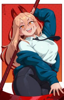 1girl absurdres chainsaw_man commentary english_commentary highres horns ishoo4536 long_hair looking_at_viewer necktie orange_hair pants power_(chainsaw_man) scythe sharp_teeth smile solo teeth weapon