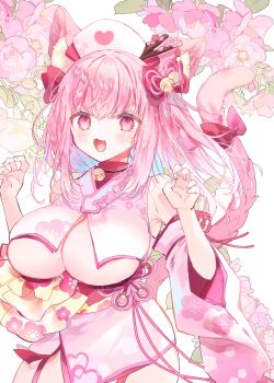 1girl :3 absurdres animal_ear_fluff animal_ears bell blush bow breast_curtains breasts cat_ears cat_girl cat_tail cleavage cowboy_shot detached_sleeves fang floral_print floral_print_kimono flower hair_bell hair_ornament hat heart highres indie_virtual_youtuber japanese_clothes jingle_bell kimono kouya_no_naga_samurai large_breasts long_hair looking_at_viewer miniskirt mole mole_on_breast neck_bell nekoto_rina nurse_cap obi open_mouth paw_pose pink_eyes pink_flower pink_garter_straps pink_hair pink_kimono pink_tail print_kimono revealing_clothes sagging_breasts sash skirt smile solo tail tail_bow tail_ornament tenshouin_himeno tenshouin_himeno_(1st_costume) underboob virtual_youtuber wide_sleeves