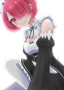 1girl blush breasts cph2319 detached_sleeves hair_ornament hair_over_one_eye hair_ribbon highres looking_at_viewer maid medium_breasts pink_eyes pink_hair ram_(re:zero) re:zero_kara_hajimeru_isekai_seikatsu red_eyes ribbon roswaal_mansion_maid_uniform short_hair smile solo wl02515877 x_hair_ornament