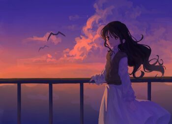 1234567_(xhs_26269806744) 1girl :d arm_at_side backlighting bird black_hair cloud cowboy_shot dress frilled_shirt_collar frills highres long_hair long_sleeves looking_at_viewer open_mouth railing saihate_eki sky smile solo standing sunset sweater_vest tenjiku_aoi white_dress yellow_sweater_vest