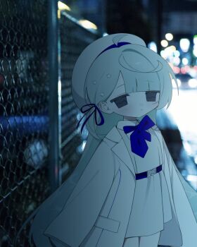 1girl blue_bow blue_bowtie bow bowtie chain-link_fence coat fence hair_ribbon hat jacket long_hair night open_clothes open_coat original outdoors photo_background ribbon sailor_hat sakakiai solo standing upper_body very_long_hair white_coat white_hat