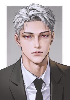 Rule 34 | 1boy, black jacket, black necktie, border, character request, check character, check copyright, cheezeyoon3, collared shirt, commentary request, copyright request, gwechul, highres, jacket, korean commentary, lee jaheon, lips, looking at viewer, male focus, mismatched eyebrows, necktie, nose, outside border, portrait, red eyes, shirt, short hair, solo, suit jacket, white border, white hair, white shirt