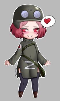 Rule 34 | 1girl, black thighhighs, blush, brown shoes, buhanka-chan, chibi, covered navel, cross, full body, grey background, grin, heart, helmet, humanization, long sleeves, looking at viewer, lowres, original, parted lips, pelvic curtain, red cross, red eyes, red hair, russo-ukrainian war, shoes, short hair, simple background, smile, solo, spoken heart, standing, tesomu, thighhighs, z (russian symbol)
