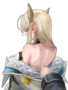 1girl arknights arknights:_endfield bare_back bare_shoulders black_gloves blonde_hair blush embarrassed gloves hashtag-only_commentary highres jacket long_hair long_sleeves mildt nose_blush perlica_(arknights) pov pov_hands profile simple_background solo_focus sweat twitter_username white_background white_jacket yellow_gloves