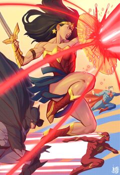 1girl 3boys acecore2k asymmetrical_dual_wielding batman batman_(series) black_eyes black_hair blue_bodysuit bodysuit boots character_logo circlet commentary covered_abs cowl dc_comics dual_wielding earrings english_commentary floating_clothes floating_hair gold_circlet grey_bodysuit highres holding holding_shield holding_sword holding_weapon jewelry justice_league multiple_boys muscular muscular_male open_mouth red_bodysuit red_boots red_lips shield star_(symbol) star_earrings strapless superman superman_(series) superman_logo sword the_flash the_flash_(series) toned toned_female weapon wonder_woman wonder_woman_(series)