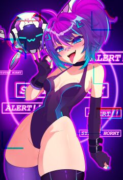 Rule 34 | absurdres, asymmetrical legwear, bandage on face, bandages, blue eyes, blue hair, blue nails, fellatio gesture, fingerless gloves, glitch, gloves, hair ornament, highres, leotard, looking at viewer, melody (projektmelody), multicolored hair, navel, non-humanoid robot, ponytail, purple hair, purple leotard, purple thighhighs, robot, saliva, shion (shion aster), streaked hair, t0m (projektmelody), thighhighs, tongue, tongue out, triangle hair ornament, virtual youtuber