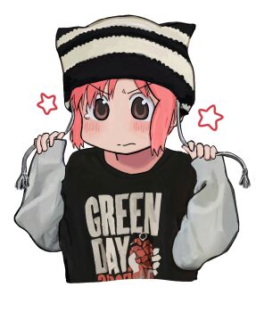 1girl adjusting_clothes adjusting_headwear american_idiot angry animal_ear_headwear animal_ears band_shirt black_hat black_sweater brown_eyes closed_mouth clothes_writing commentary cropped_torso drawstring embarrassed fake_animal_ears green_day hands_up hashtag-only_commentary hat helloaite highres holding holding_string long_sleeves merchandise nichijou pink_hair print_sweater raglan_sleeves short_hair shy sidelocks simple_background sleeves_past_wrists solo star_(symbol) string striped_clothes striped_headwear sweater symbol-only_commentary tachibana_misato tearing_up tsundere two-tone_hat two-tone_sweater v-shaped_eyebrows wavy_mouth white_background white_hat white_sweater
