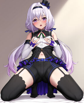 Rule 34 | .live, 1girl, absurdres, belt, black hair, black hat, black shorts, black thighhighs, blue belt, breasts, carro pino, commentary request, detached sleeves, finger ribbon, grabbing own breast, hair between eyes, hairband, hat, highres, kneeling, lambda (kusowarota), long hair, looking at viewer, mini hat, mini top hat, navel, neck ribbon, open mouth, purple eyes, purple hair, ribbon, shirt, short shorts, shorts, sleeveless, sleeveless shirt, solo, striped clothes, striped hairband, thighhighs, thighs, top hat, virtual youtuber, white hair