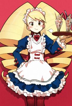 1girl apron bad_id bad_twitter_id blonde_hair blush drill_hair hand_on_own_hip highres holding holding_tray long_hair looking_at_viewer luna_platz_(mega_man) maid maid_apron maid_headdress mega_man_(series) mega_man_star_force_(series) okkuu_(oexistcm) red_background simple_background smile tray twin_drills very_long_hair white_apron