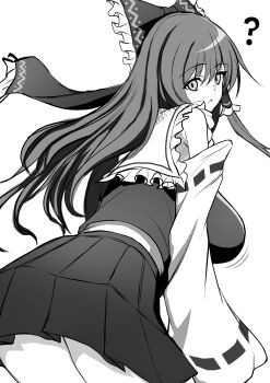 1girl ? absurdres bare_shoulders bouncing_breasts bow breasts commentary_request detached_sleeves expressionless hair_bow hair_tubes hakurei_reimu highres large_breasts leaning_forward long_hair looking_back monochrome shirt skirt sleeveless sleeveless_shirt solo thighs tofuandsoup touhou white_background