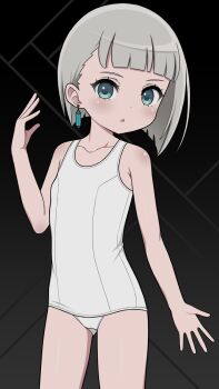 1girl ami_(ammy33) arm_up cameltoe collarbone earrings ender_lilies_quietus_of_the_knights ender_magnolia_bloom_in_the_mist female_focus green_eyes grey_hair jewelry lilac_(ender_magnolia) loli looking_at_viewer one-piece_swimsuit open_mouth short_hair solo standing swimsuit