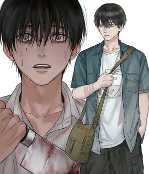1boy bin_(binonep) black_hair black_pants blood bloody_knife collarbone collared_shirt denim denim_jacket grey_eyes hair_between_eyes hand_in_pocket hashtag-only_commentary hikaru_ga_shinda_natsu holding holding_knife jacket knife looking_to_the_side male_focus mole mole_on_cheek mole_on_neck mole_under_eye mole_under_mouth multiple_views nervous nervous_sweating open_clothes open_jacket pants shirt short_hair simple_background slit_pupils sweat tsujinaka_yoshiki unbuttoned white_background white_shirt