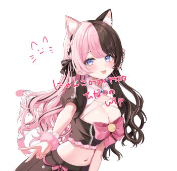 1girl animal_ears black_hair black_shirt blue_eyes bow bowtie breasts cat_ears cat_girl cat_tail cleavage closed_mouth commentary_request crop_top long_hair looking_at_viewer medium_breasts midriff miyagi_ratona multicolored_hair navel pink_hair pleated_skirt shirt short_sleeves skirt smile solo split-color_hair stomach tachibana_hinano tail tail_raised tongue tongue_out two-tone_hair upper_body virtual_youtuber vspo!