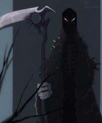 Rule 34 | 1girl, absurdres, alternate form, black robe, commentary, death (entity), glowing, glowing eyes, highres, holding, holding scythe, hololive, hololive english, hooded robe, hoodedmask, mori calliope, robe, scythe, shoulder spikes, signature, skeletal hand, solo, spikes
