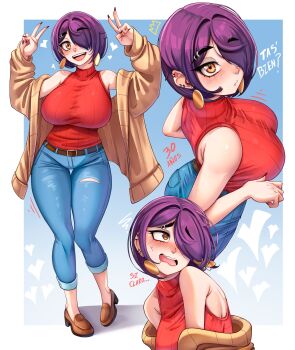 1girl absurdres armpit_crease bare_shoulders belt belt_buckle blue_background blush border breasts brown_belt brown_cardigan brown_shoes buckle cardigan commentary denim dilan_griz double_v ear_piercing earrings english_commentary eyebrow_piercing face_piercing full_body hair_over_one_eye hands_up heart highres jeans jewelry large_breasts long_sleeves looking_at_viewer multiple_piercings multiple_views nose_piercing one_eye_covered open_cardigan open_clothes open_mouth orange_eyes original outside_border pants parted_bangs piercing purple_hair queen_(dilan_griz) raised_inner_eyebrows red_sweater ribbed_sweater shoes short_hair sleeveless sleeveless_sweater smile spanish_text sweat sweater taut_clothes taut_sweater v white_border