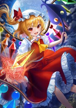 1girl ascot blonde_hair collared_shirt commentary_request crystal crystal_wings fang flandre_scarlet frilled_shirt_collar frilled_skirt frills full_moon hat hat_ribbon holding holding_weapon laevatein_(touhou) looking_at_viewer magic_circle mob_cap moon multicolored_wings night night_sky one_side_up open_mouth puffy_short_sleeves puffy_sleeves red_eyes red_nails red_skirt red_vest ribbon shirt short_sleeves skin_fang skirt skirt_set sky smile solo touhou uemura_shun vest weapon white_hat wings yellow_ascot