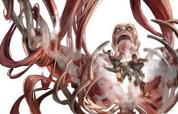 2boys battle bertolt_hoover biting_hand bone boots carrying carrying_person colossal_titan defeat exposed_muscle falling fleeing full_body knee_boots male_focus midair multiple_boys pants prema-ja protecting reiner_braun shingeki_no_kyojin short_hair spoilers steam titan_(shingeki_no_kyojin) white_background white_pants