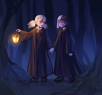 2girls :d asagiri_gen asymmetrical_hair black_hair black_robe blonde_hair blue_eyes blush dr._stone facial_mark forest genderswap genderswap_(mtf) gradient_hair hair_between_eyes highres holding holding_hands holding_lantern ishigami_senkuu lantern light_blush looking_at_another malinium multicolored_hair multiple_girls nature night open_mouth orange_eyes outdoors robe short_hair simple_background smile tree twintails two-tone_hair walking yellow_eyes