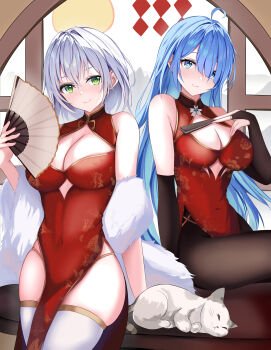 2girls absurdres ahoge animal animal_print bare_shoulders black_gloves black_pantyhose blue_eyes blue_hair blush breasts bridal_gauntlets butterfly_print cat china_dress chinese_clothes cleavage cleavage_cutout closed_mouth clothing_cutout commentary_request covered_navel cutout_above_navel dress elbow_gloves feather_boa floral_print folded_fan folding_fan from_side gloves green_eyes hair_between_eyes hair_intakes halter_dress halterneck hand_fan hand_up head_tilt highres holding holding_fan lacia large_breasts long_hair looking_at_viewer multiple_girls on_table original pantyhose pelvic_curtain print_dress red_dress round_window sitting sleeveless sleeveless_dress smile standing table thighhighs thighs very_long_hair white_cat white_hair white_thighhighs window