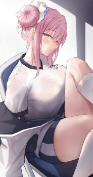 1girl absurdres bad_id bad_twitter_id blue_archive blush breasts buruma chair ear_piercing eyelashes gym_shirt gym_shorts gym_uniform hair_bun highres jacket kneehighs large_breasts long_eyelashes looking_at_viewer mika_(blue_archive) official_alternate_costume official_alternate_hairstyle on_chair parted_lips partially_open_jacket piercing pink_hair profile reneua see-through_clothes see-through_shirt shirt short_sleeves shorts sidelocks sitting socks solo trinity_general_school_logo white_shirt white_socks yellow_eyes