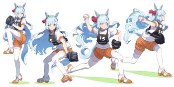 1girl absurdres animal_ears asymmetrical_bangs ball baseball baseball_glove blue_hair blunt_bangs braid breasts character_name closed_mouth commentary crown_braid ear_ornament frown gym_shirt high_heel_sneakers high_heels highres holding holding_ball horse_ears horse_girl horse_tail jersey light_blue_hair long_hair looking_afar mejiro_ardan_(umamusume) motion_blur multiple_views nishiki_kazue open_mouth orange_shorts original_race_uniform_(umamusume) pitching progression puffy_short_sleeves puffy_sleeves purple_eyes race_bib sequential shirt shoes short_sleeves shorts simple_background small_breasts sneakers standing standing_on_one_leg tail thighhighs umamusume wavy_hair white_background white_shirt white_thighhighs wide-eyed