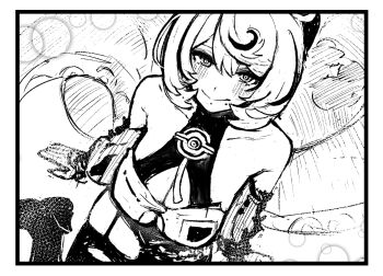 1girl asymmetrical_shorts bare_shoulders black_hat black_shorts blush breasts button_gap cleavage closed_mouth detached_sleeves from_above garter_straps greyscale hair_between_eyes hat high-waist_shorts highres large_breasts looking_at_viewer mole mole_under_mouth monochrome monster_girl sanshoku_dango_(shukosuko) scylla shirt short_hair shorts single_garter_strap single_thighhigh sitting smile solo suction_cups tentacle_girl tentacle_tail tentacles thighhighs torn_clothes torn_thighhighs white_background white_shirt yidhari_murphy zenless_zone_zero